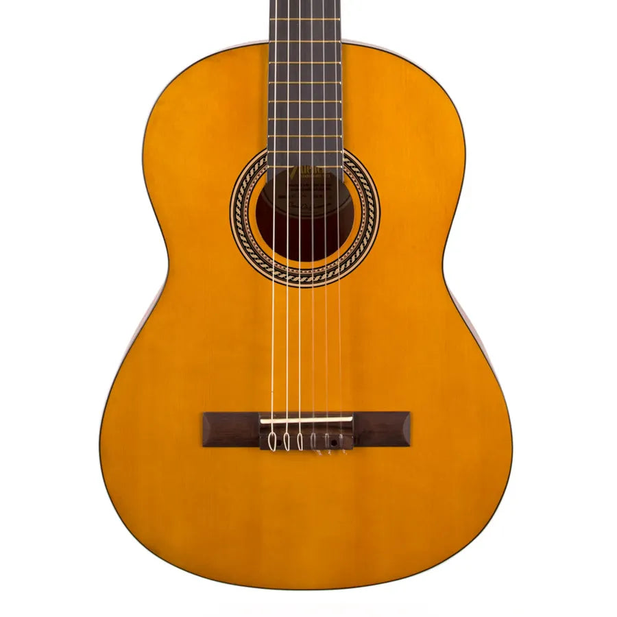 Acoustic guitar with a wooden finish on a white background