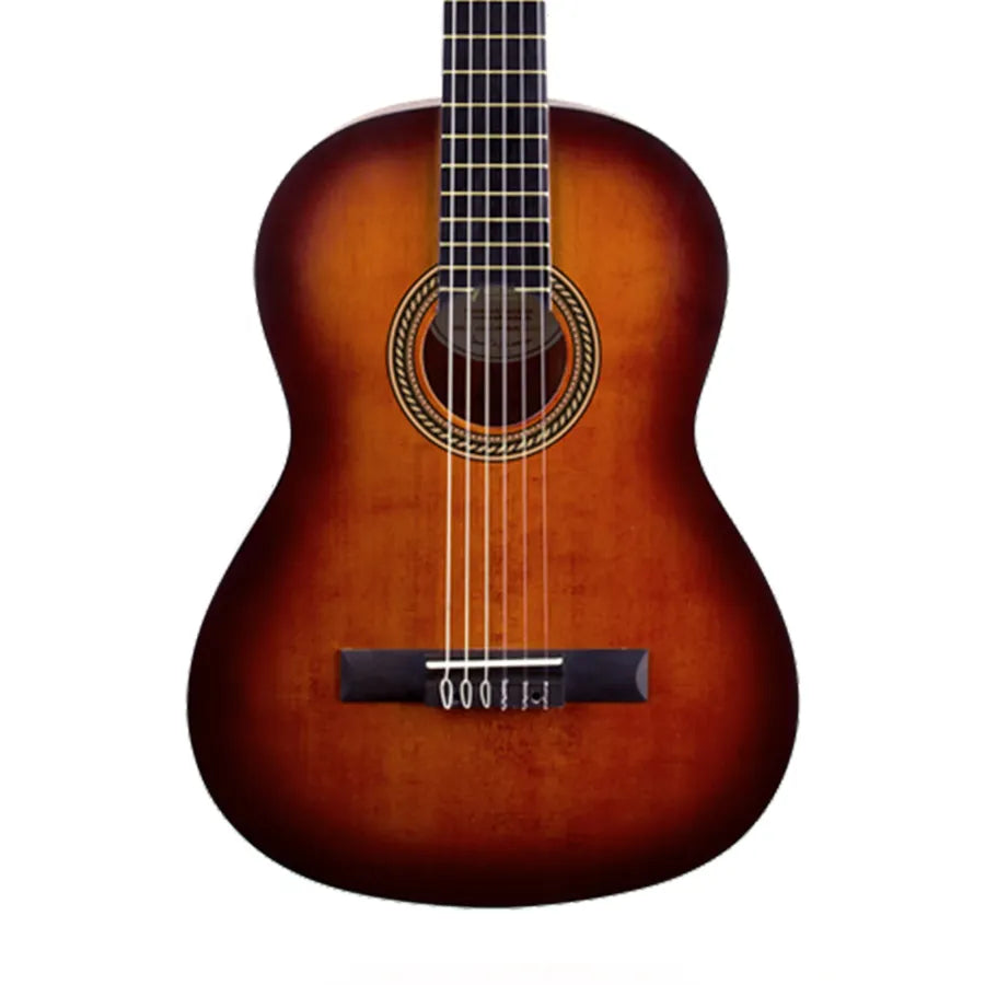A classical acoustic guitar with a natural sunburst finish, shown from the front against a plain white background. ALFAN ALRAQI