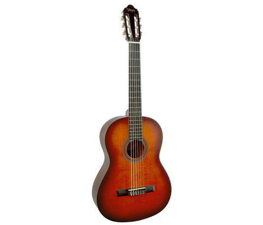 A classical acoustic guitar with a natural sunburst finish, shown against a plain white background. ALFAN ALRAQI