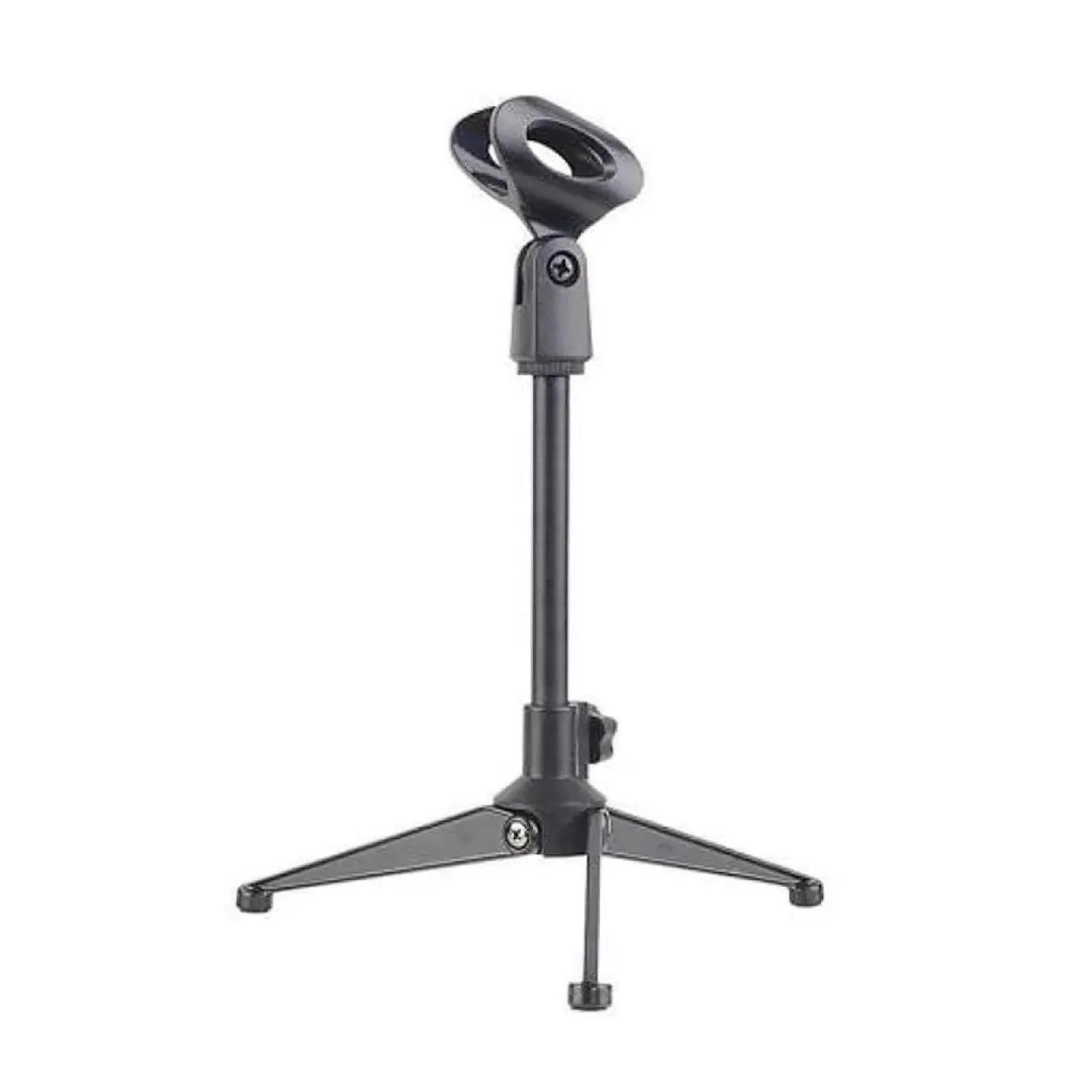 Black adjustable tripod stand on a white background