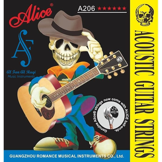 Product packaging for Alice A206 acoustic guitar strings featuring a colorful illustration of a cartoon guitar player.