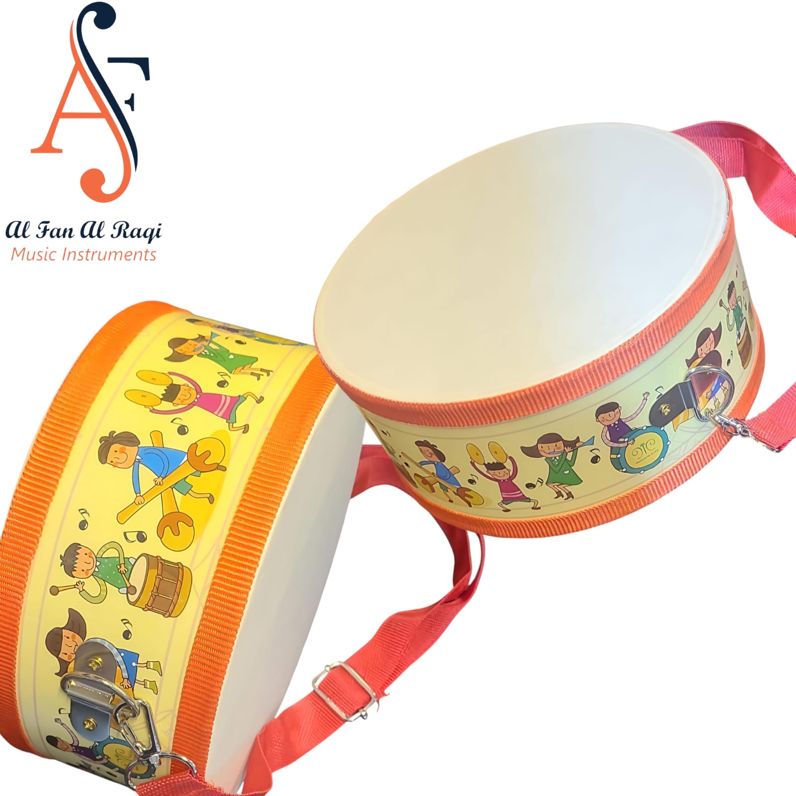 A children's drum toy with colorful character illustrations on the side, equipped with a strap and wooden mallets.