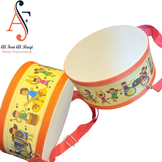 A children's drum toy with colorful character illustrations on the side, equipped with a strap and wooden mallets.