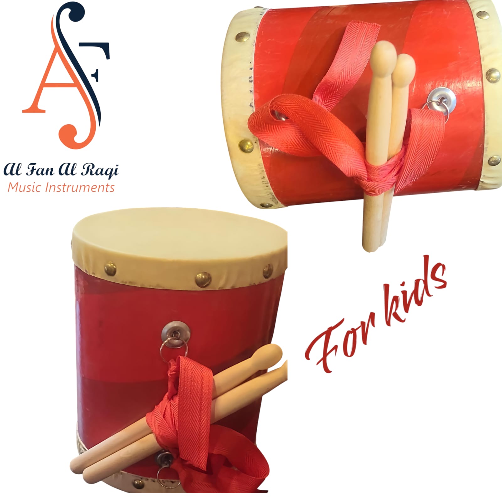 A red handcrafted wooden drum for kids with sticks, typically used in Arabic music.