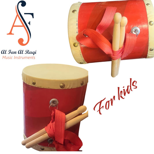 A red handcrafted wooden drum for kids with sticks, typically used in Arabic music.