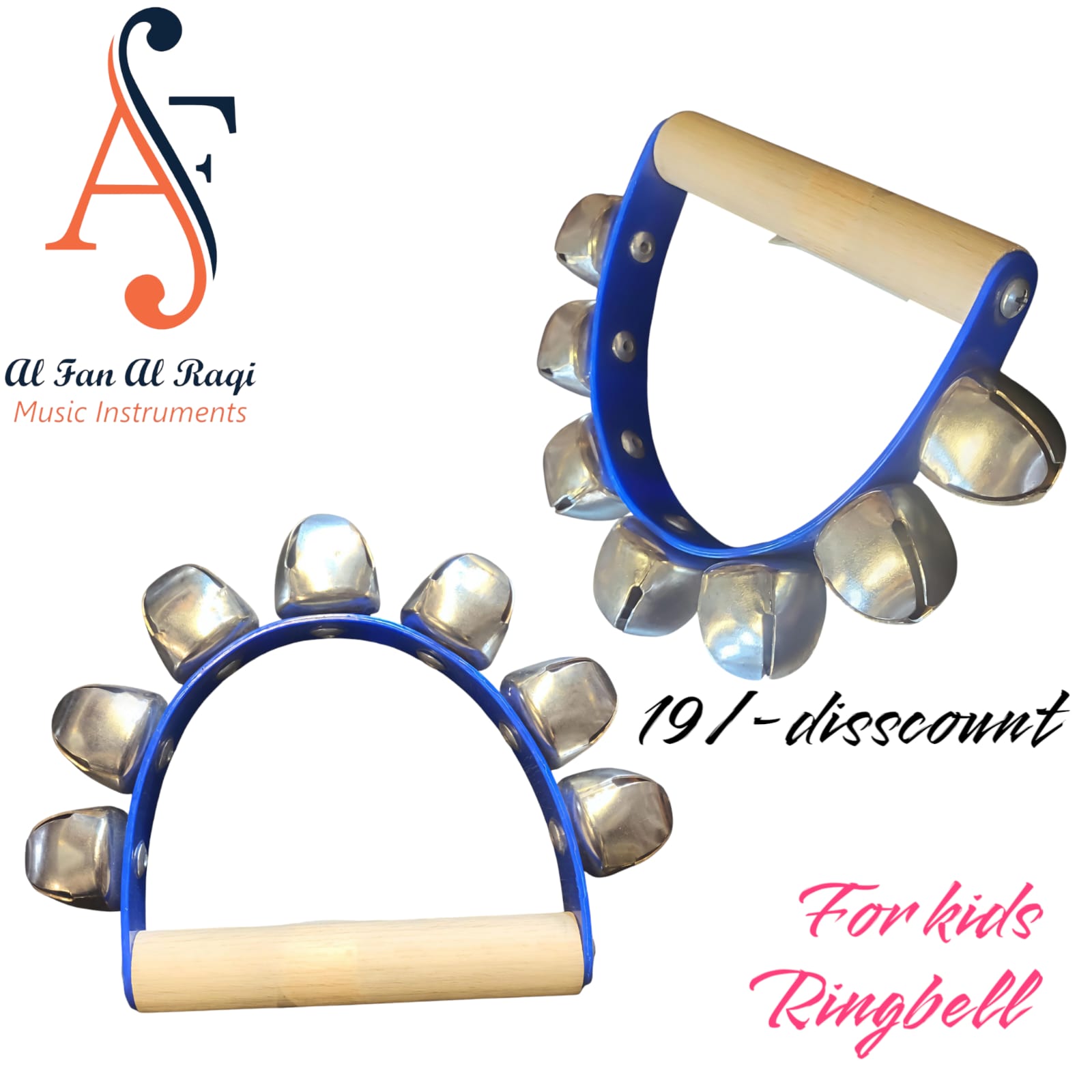 Two handheld sleigh bells with blue handles and silver bells, one in an arch shape and one in a straight design, intended for musical use by children.