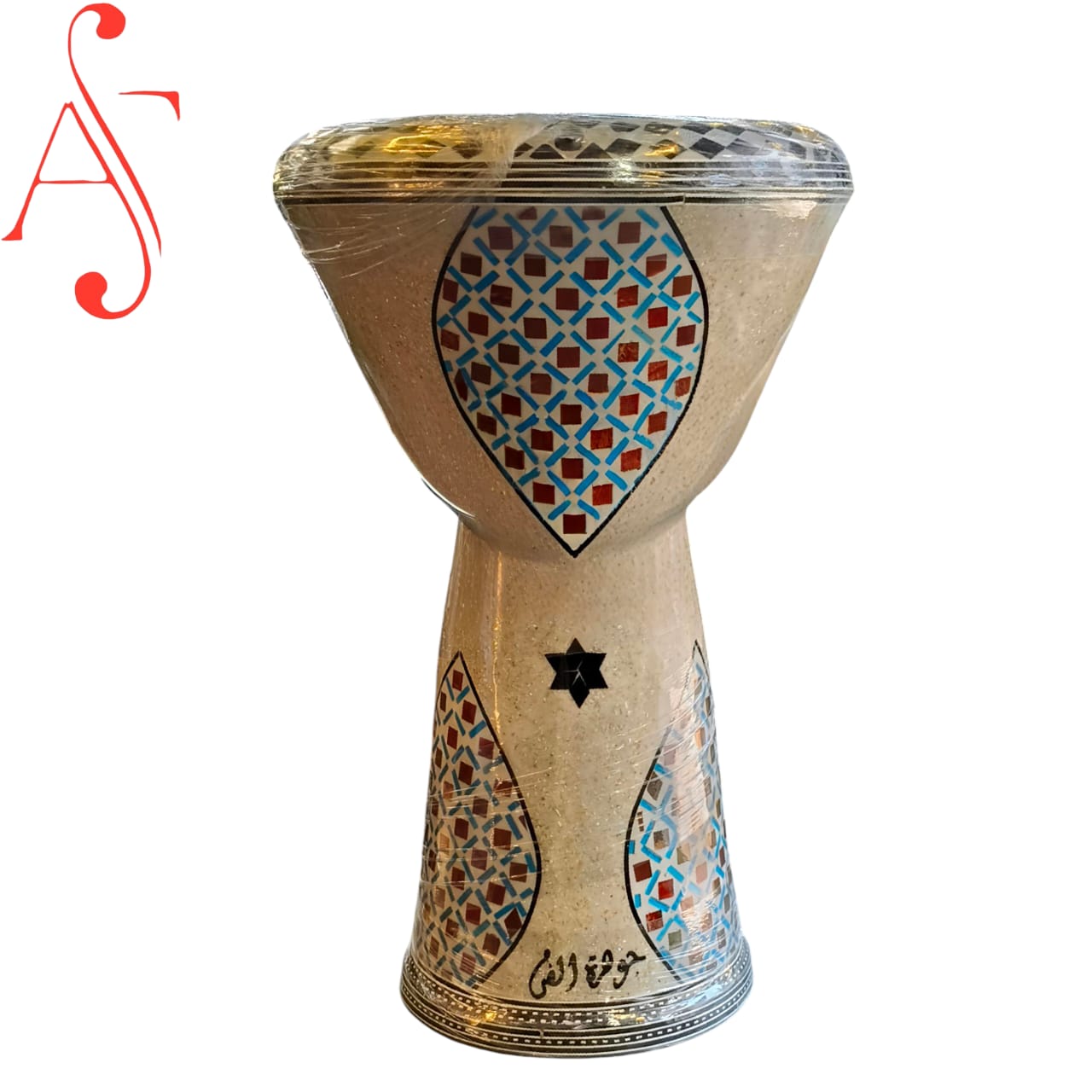 Egyptian handmade drum darbuka with artistic patterns and decorations, featuring a synthetic head and metal body.