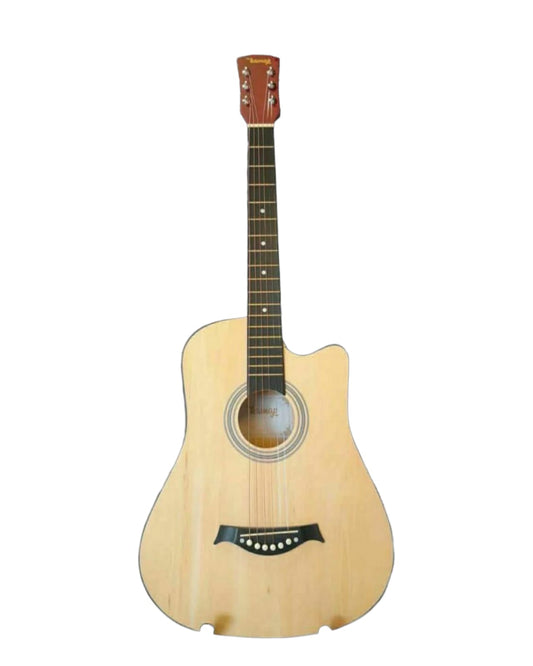 Acoustic guitar with a cutaway design on a white background