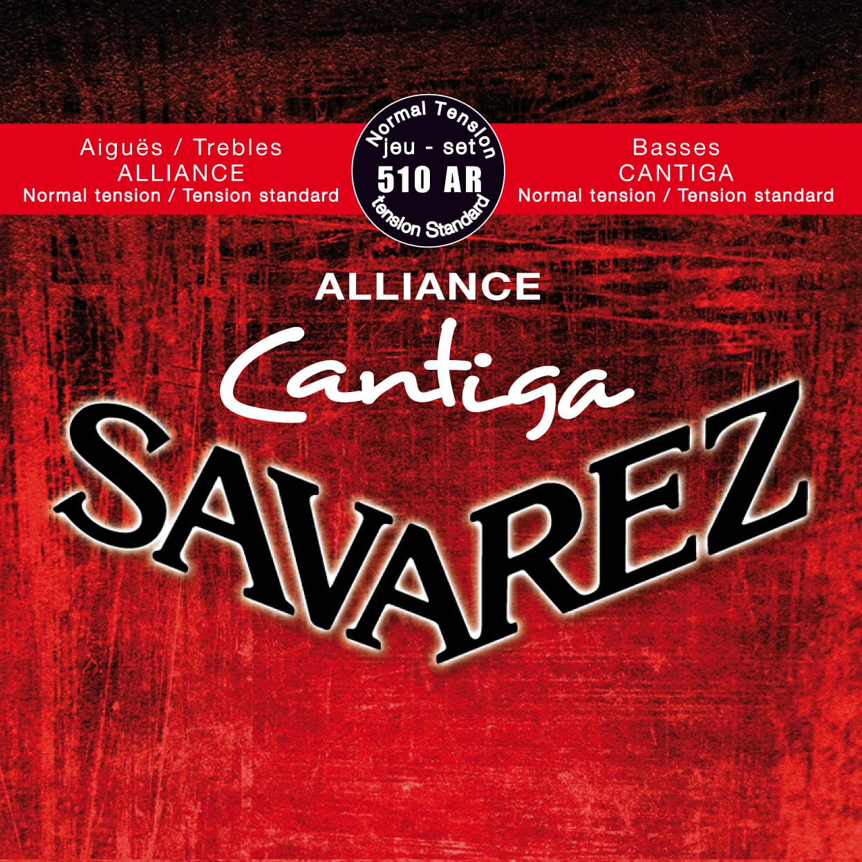 Savarez guitar string set packaging with red background and brand name.