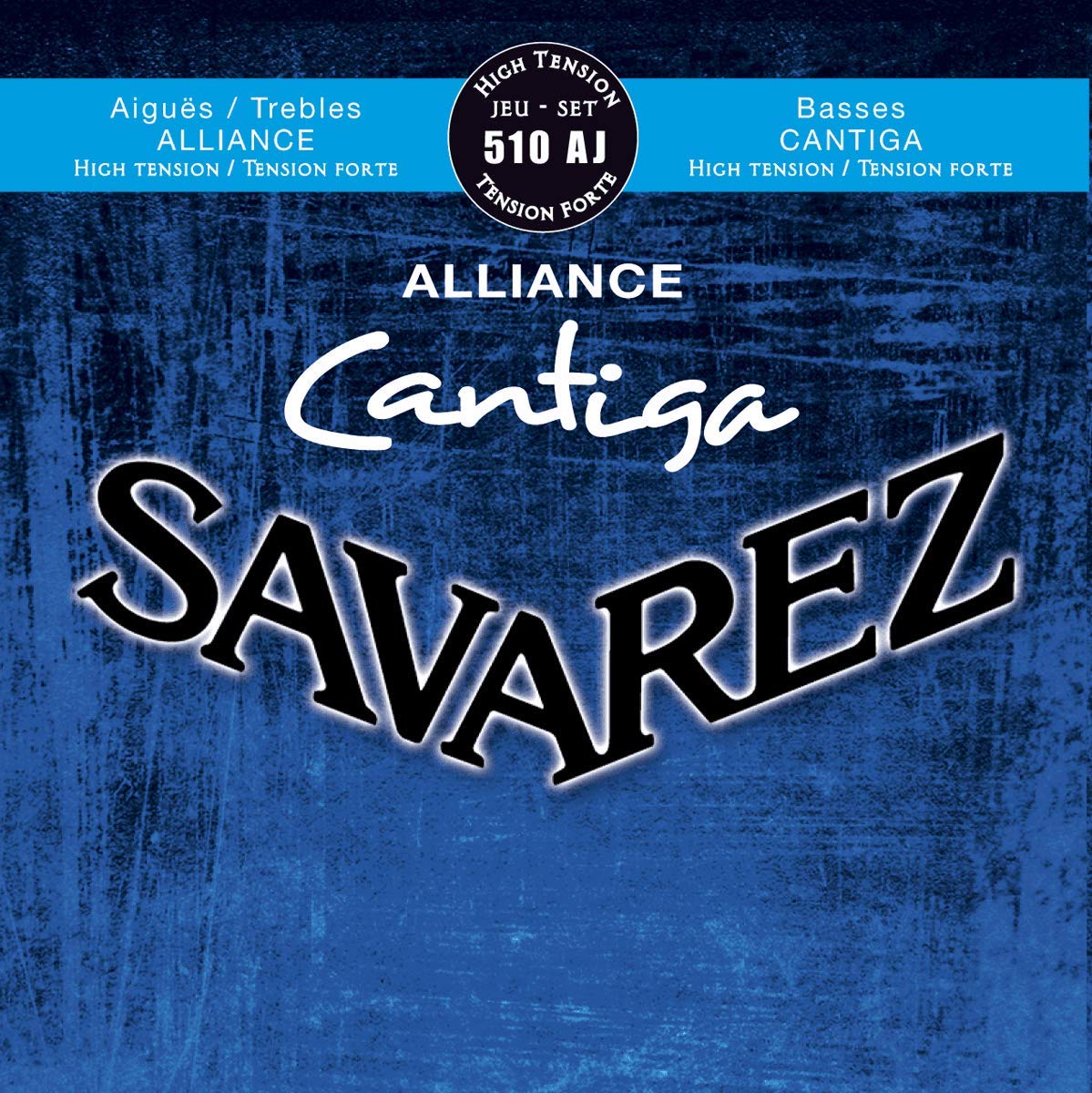 Savarez guitar string set packaging with blue background and brand name.