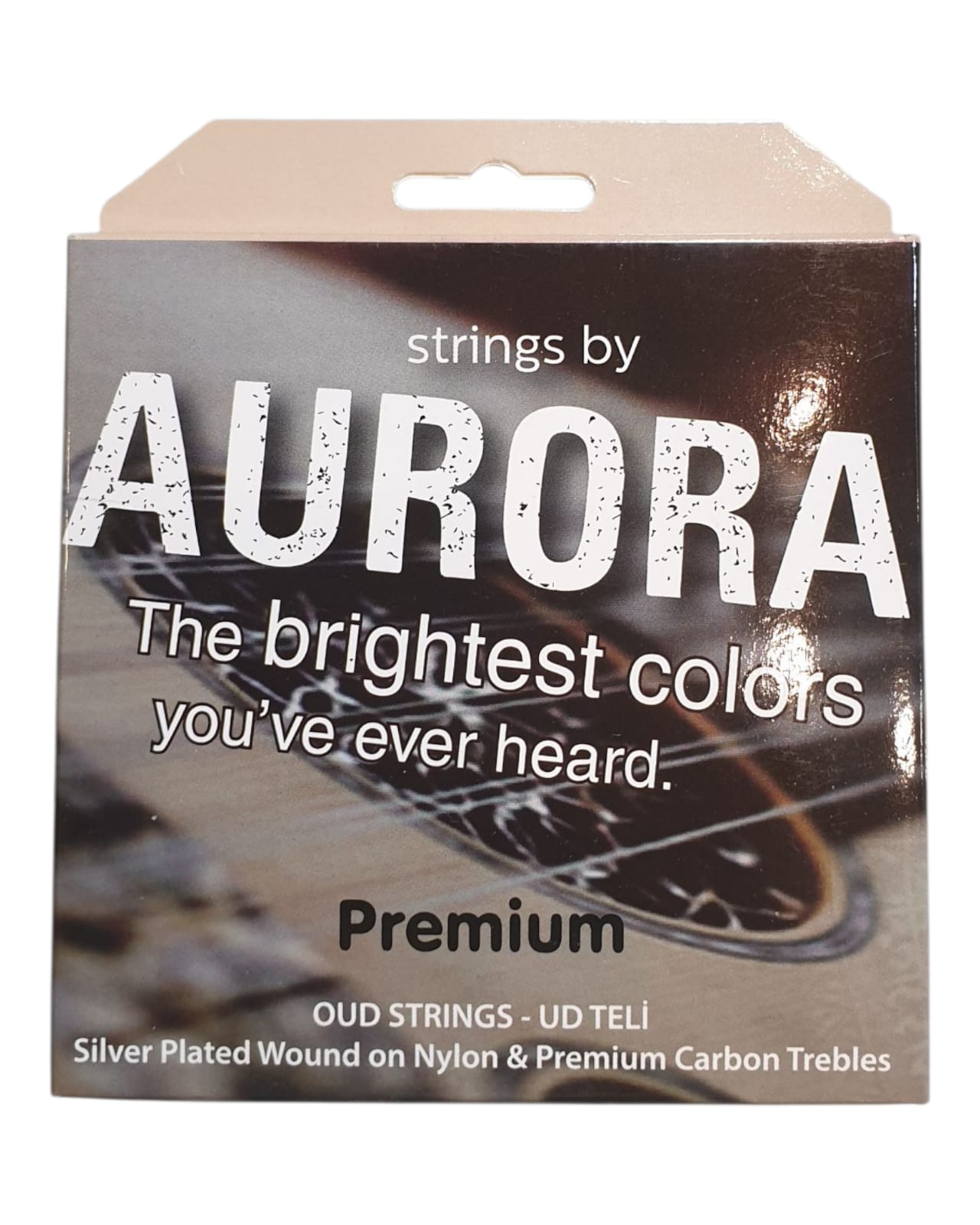 Aurora guitar strings packaging with a guitar image on a white background