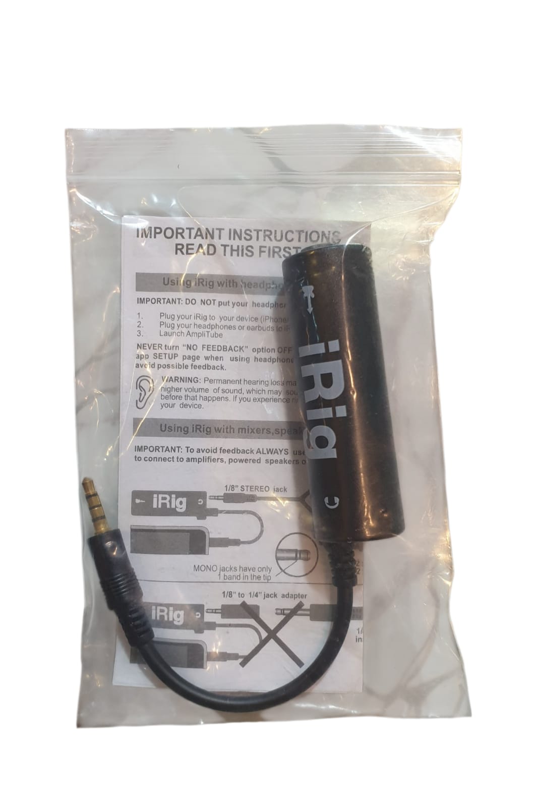 IRig cable with packaging on a white background