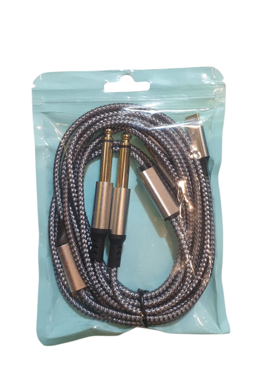 Braided audio cable with metal connectors in a clear plastic package on a light blue background