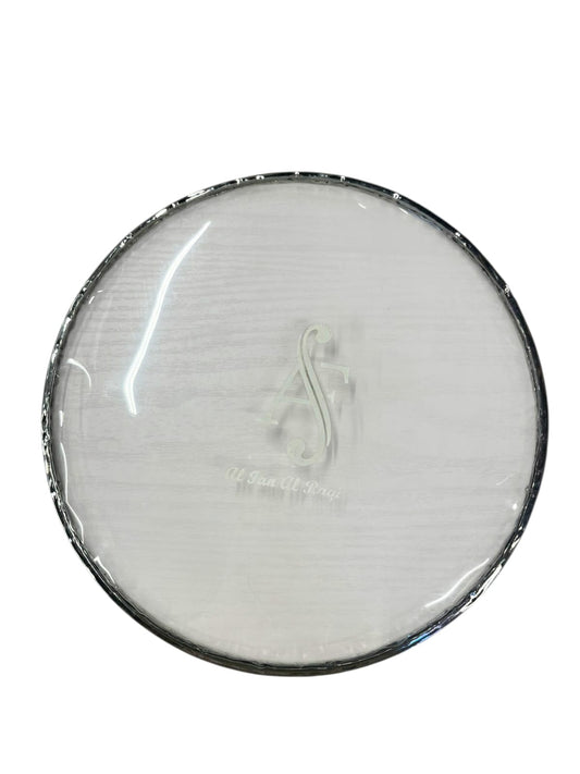 Round white object with a logo on a white background