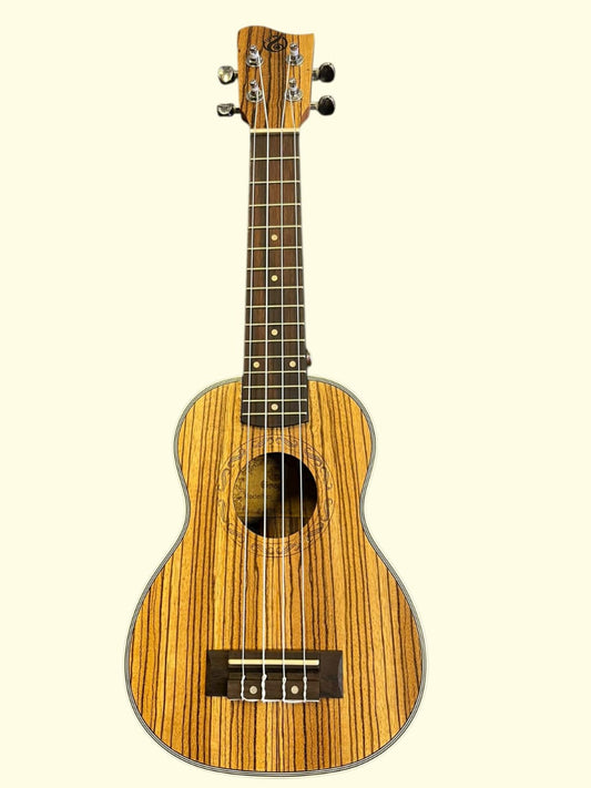 Wooden ukulele with a striped pattern on a white background