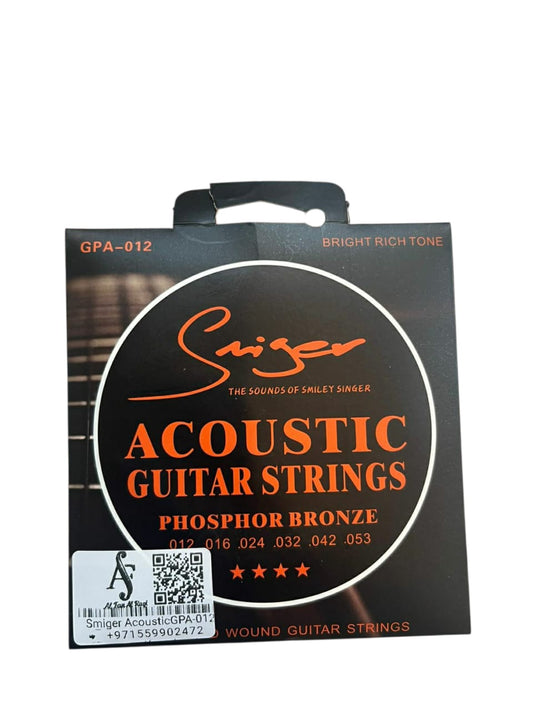 Packaging of Sniger acoustic guitar strings with branding and product details.