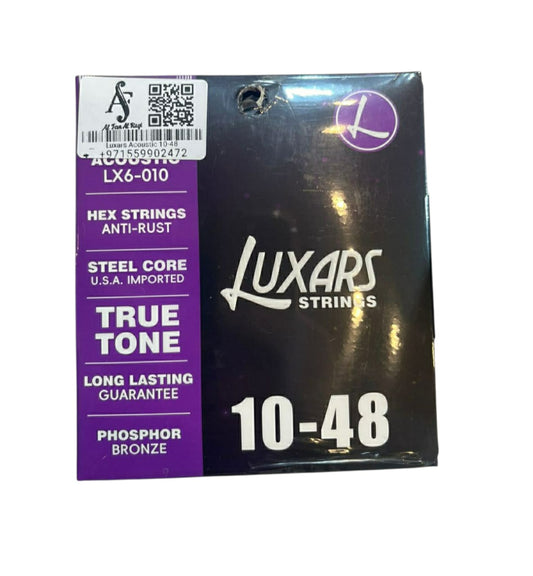 Luxars acoustic guitar strings packaging with purple and black design