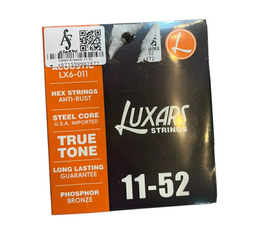Luxars acoustic guitar strings packaging with product details on a white background