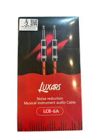 Luxars noise reduction musical instrument audio cable packaging with red and black design.