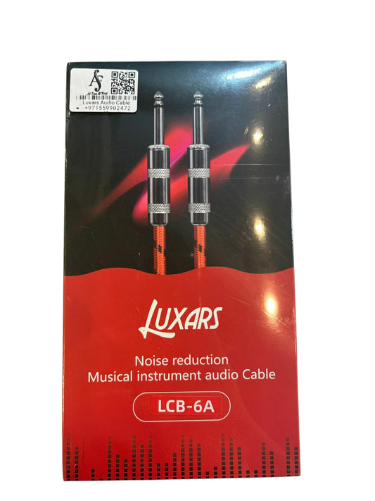 Luxars noise reduction musical instrument audio cable packaging with red and black design.