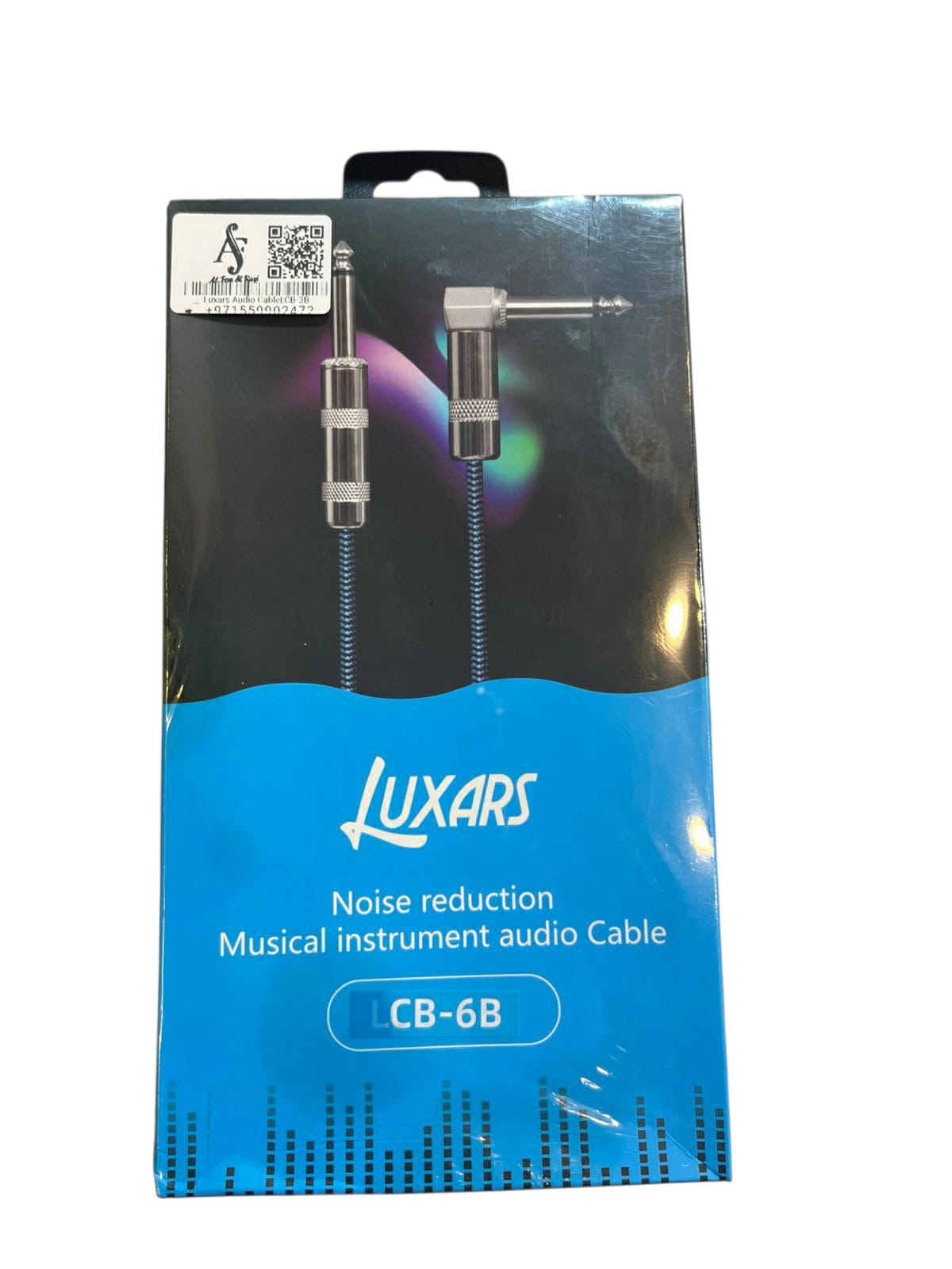 Luxars noise reduction musical instrument audio cable packaging on a white background