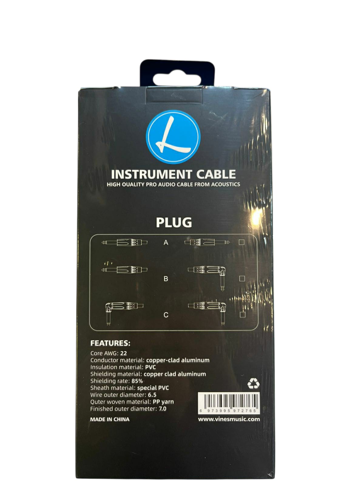 Packaging of an instrument cable with a brand logo on a white background