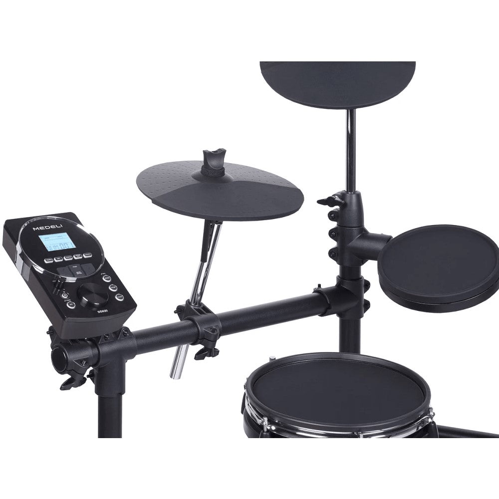Electronic drum set with various drums and a control panel on a white background