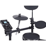 Electronic drum set with various drums and a control panel on a white background