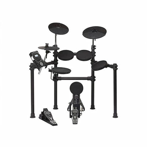 Electronic drum set with stands and pedals on a white background