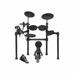 Electronic drum set with stands and pedals on a white background