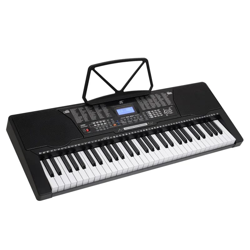 Black and white keyboard with digital display on a white background