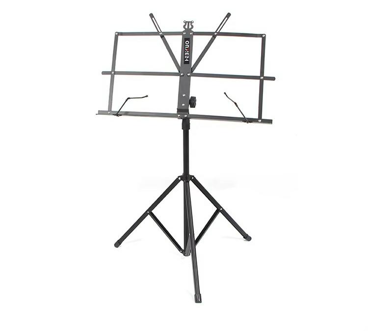 Black music stand with adjustable arms on a white background