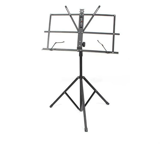 Black music stand with adjustable arms on a white background