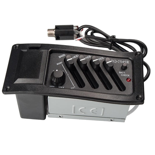 Black audio equalizer with control knobs and wiring on a white background