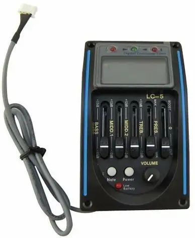 Guitar equalizer with digital display and control knobs on a white background