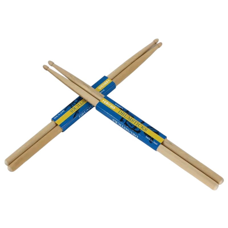Pair of drumsticks with blue and yellow packaging on a white background
