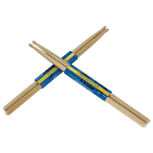 Pair of drumsticks with blue and yellow packaging on a white background