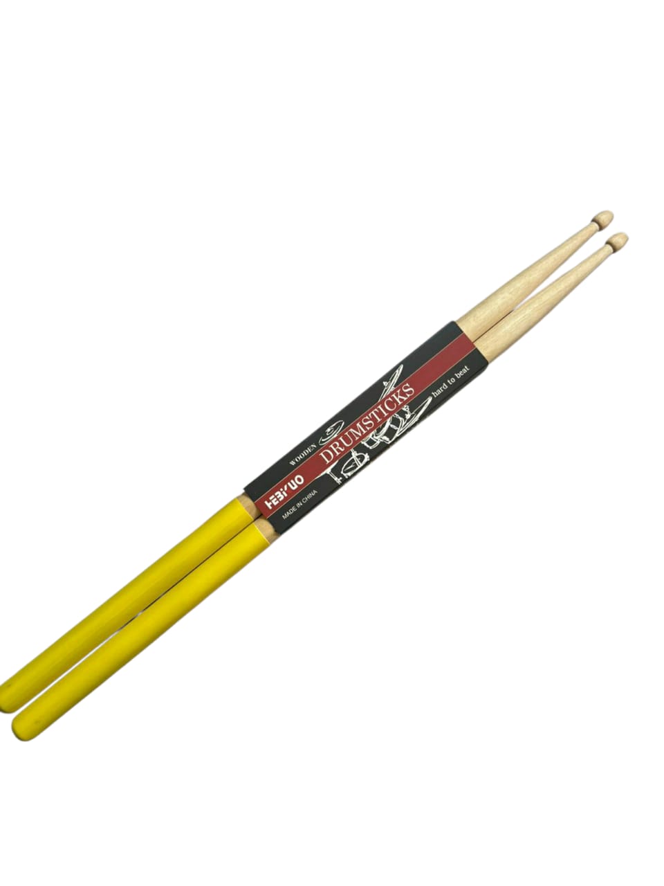 Two yellow drumsticks with a black and red branded sleeve on a white background