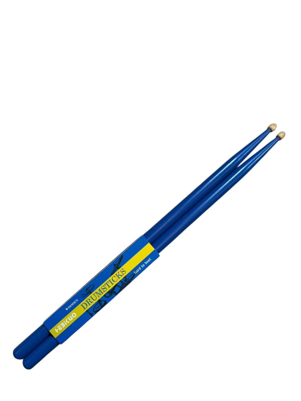 Pair of blue drumsticks with a yellow label on a white background