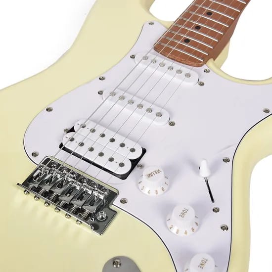 Close-up of a white electric guitar with a cream-colored body on a white background