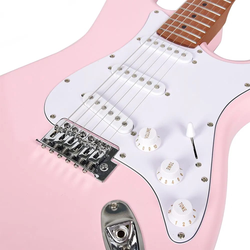 Close-up of a pink electric guitar with white pickguard on a white background