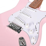 Close-up of a pink electric guitar with white pickguard on a white background