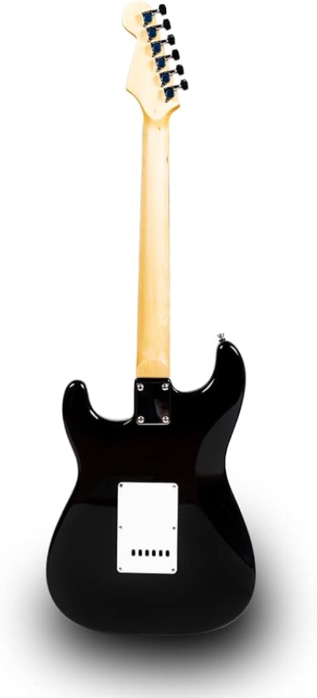 Black electric guitar with a white pickguard on a white background