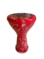 Red decorative container with white patterns on a white background