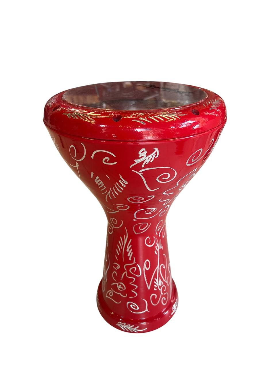 Red decorative container with white patterns on a white background