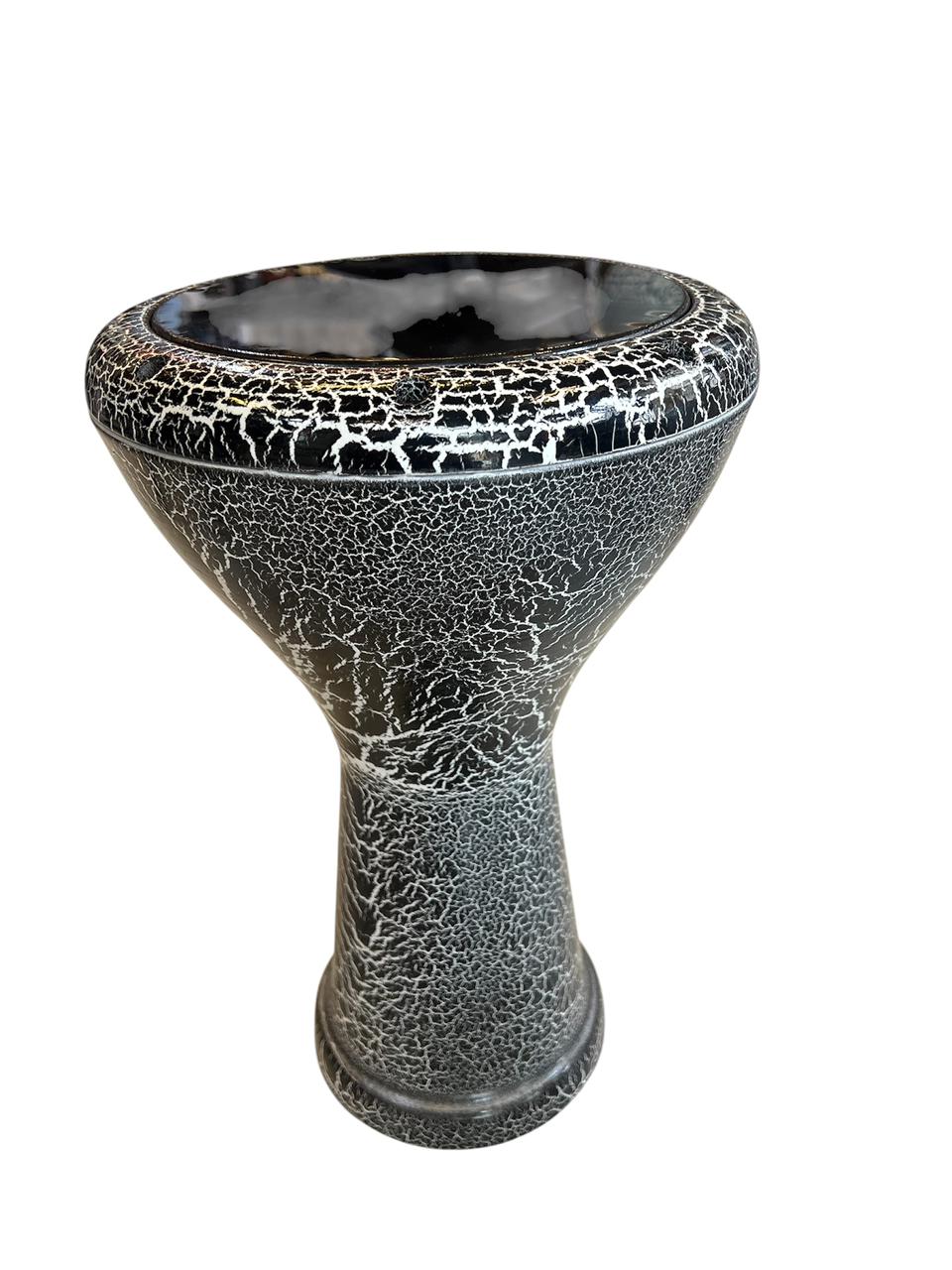 Ceramic hookah bowl with black interior and white cracked glaze exterior on a white background