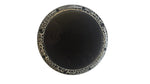 Round black plate with decorative rim on a white background