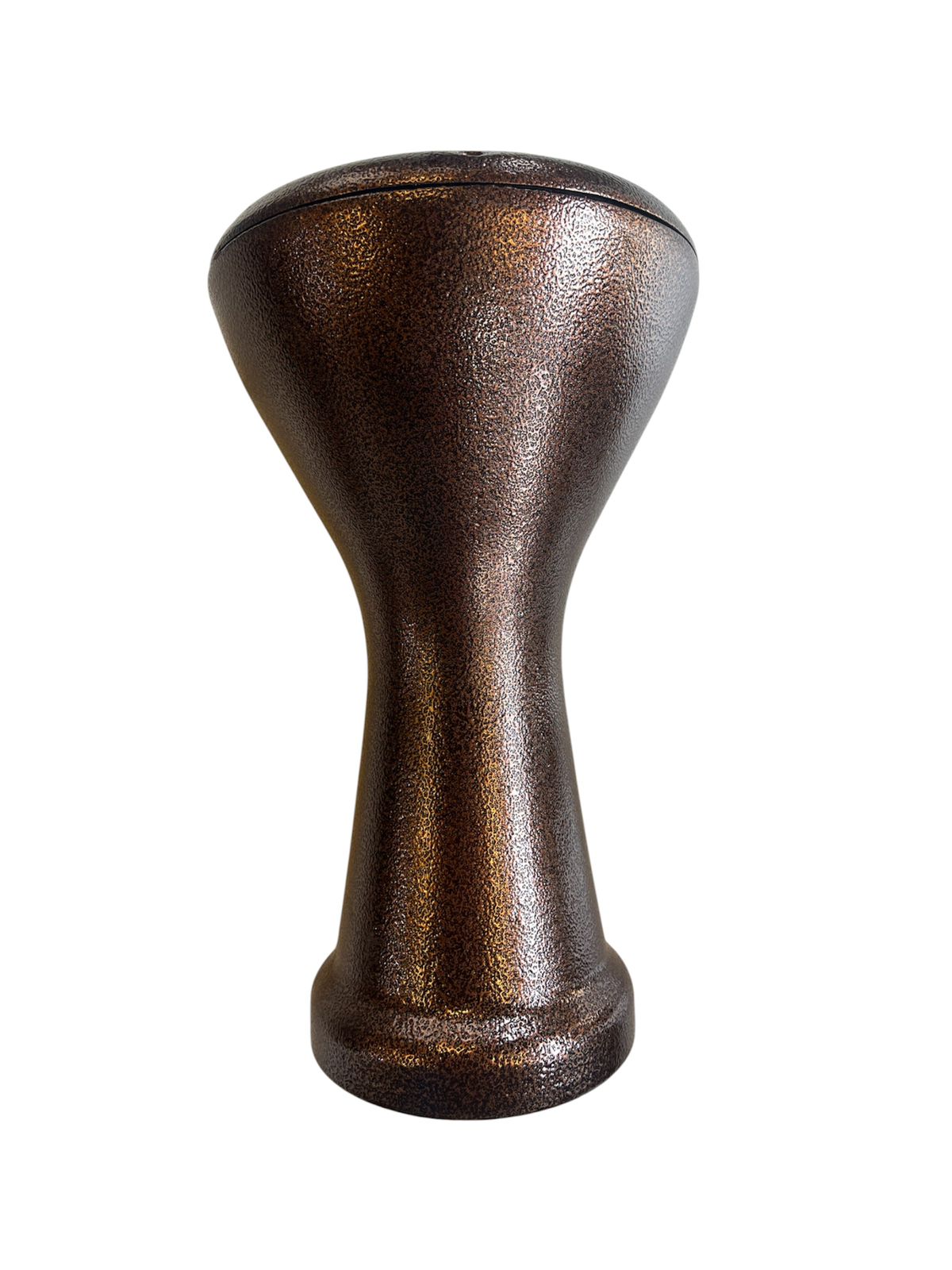 Bronze-colored djembe drum on a white background