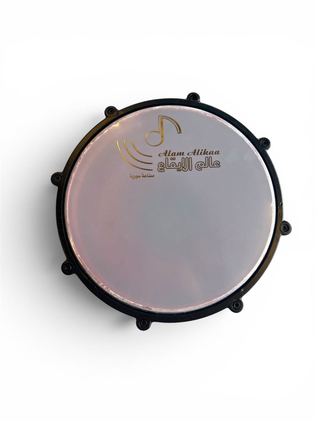 Drum head with branding on a white background