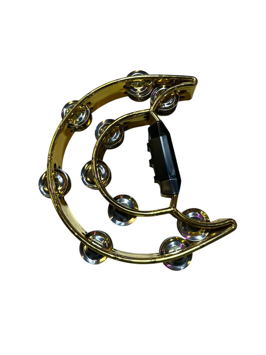 A gold crescent moon-shaped tambourine with silver-colored metal jingles and a black plastic toggle switch, isolated on a white background.